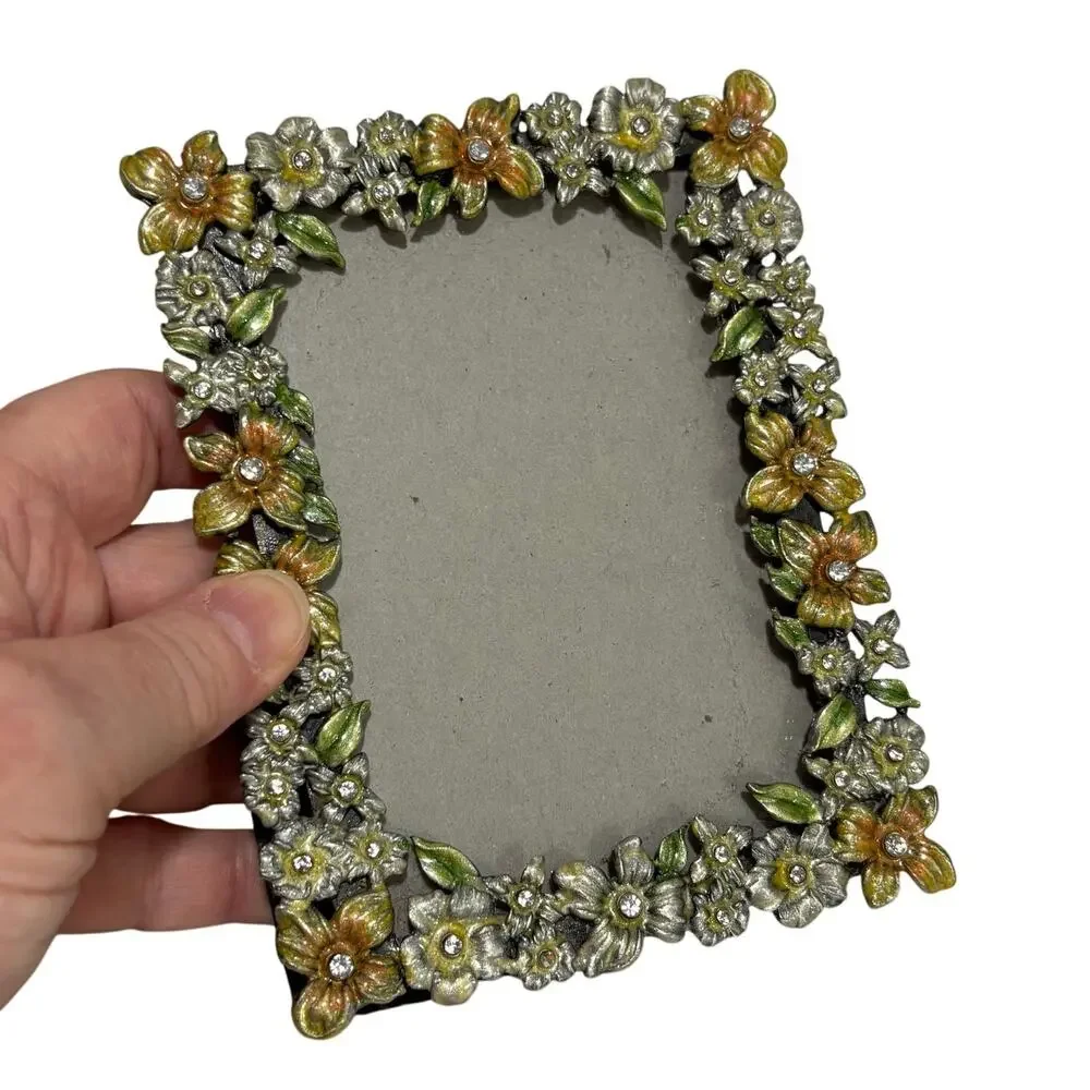 Romantic floral enamel photo picture frame yellow orange green & rhinestones